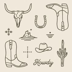 the western symbols are drawn in black and white on a light gray background, including a cow skull, cowboy boots, cactus, and other items