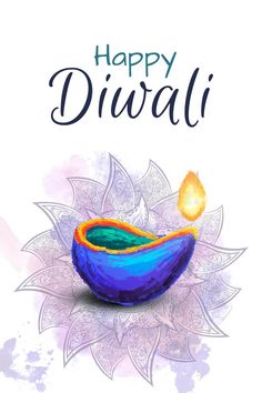 happy diwali greeting card with an image of a blue bowl filled with liquid