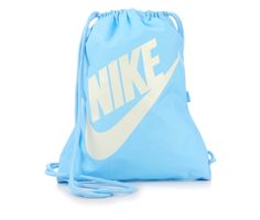 Be ready for your day in a cinch with this eye-catching drawstring athletic bag. The Nike® Heritage Gymsack features side zipper for storage and bold Nike® branding elements for added style! 100% polyester construction and lining, Large main compartment with drawstring closure, Side access pocket with zipper closure, Approx. 17 inches H x 13 inches W when laid flat, Nike® branding details | Nike Heritage Gymsack Drawstring Bag in Aquarius Blue Cute Drawstring Bags, Blue Sporty Backpack For Sports, Sporty Blue Backpack For Sports, Sporty Blue Sports Backpack, Blue Sporty Gym Bag For Sports, Functional Blue Gym Backpack, Blue Functional Gym Backpack, Blue Sporty Gym Bag For Outdoor, Casual Gym Bag For Sports And Back To School