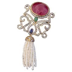 Bochic "Orient” Red Ruby, Emerald & Sapphire Brooch Set In 22K Gold & Silver From the "Orient” collection Natural Red Ruby Center - 58 carats Oval shape Natural Emerald - 1.5 carats Oval Brilliant shape From Zambia Natural Blue Sapphire - 2 carats From Sri Lanka White Topaz - 12 carats Pearls sash Set in 22K Gold and Silver The Brooch is one of a kind the perfect cross between -Day to night, swim wear to evening wear. Multi function - can pin to clothing, hats and bags, can be worn as a pendent Real Ruby Rings, Sapphire Brooch, Night Swim, Ruby Birthstone, Ruby Emerald, Swim Wear, Natural Blue Sapphire, Red Ruby, Ruby Ring