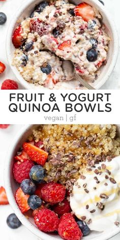 fruit and yogurt quinoa bowls with strawberries, blueberries, raspberries, and other fruits