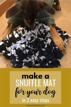 a dog laying on the floor surrounded by blue and white ruffles with text overlay that reads make a snuffle mat for your dog in 3 easy steps