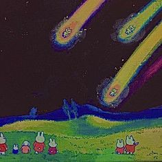 an image of some cartoon characters flying in the sky with stars and planets behind them