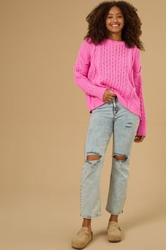 Sharon Knit Sweater in Pink | Altar'd State Trendy Cable Knit Sweater, Trendy Cable Knit Crew Neck Sweater, Trendy Cable Knit Sweater For Fall, Trendy Cable Knit Turtleneck Outerwear, Spring Cable Knit Sweater, Trendy Cable Knit Sweater For Cold Weather, Trendy Cable Knit Crew Neck Outerwear, Trendy Cable Knit Turtleneck Sweater, Trendy Cable Knit Sweater For Layering