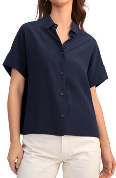 A favorite, refreshed. The Boxy Fit Short Sleeve Shirt has a classic collar, a clean button front, oversized grown-on sleeves, and a relaxed boxy fit. Dress it up with trousers and heels, or down with your favorite jeans for a casual-yet-polished look. 18 Momme Crepe De Chine Silk Lightweight and Wrinkle-Resistant Everyday Versatile Collared Shirt, Versatile Everyday Collared Shirt, Everyday Versatile Collared Blouse, Versatile Everyday Collared Blouse, Effortless Collared Shirt With Button Closure, Effortless Solid Collared Top, Relaxed Collared Top With Button Closure, Solid Color Relaxed Fit Collared Blouse, Effortless Button-up Top In A Specific Color