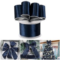 blue ribbon with silver trim and bow for christmas tree decoration, set of 3 rolls