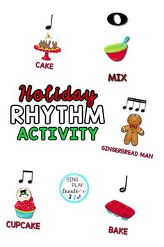 the words holiday rhythm activity are arranged in different font and numbers, including an ice cream cone