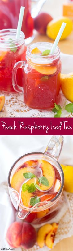 peach raspberry iced tea in mason jars