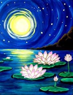 a painting of water lilies with the moon in the sky and stars above them