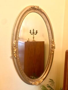 an oval mirror hanging on the wall above a wooden cabinet and potted plant next to it