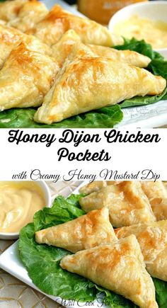 honey dijon chicken pockets with creamy honey mustard dipping sauce on top and in the bottom