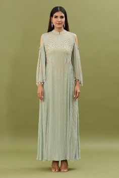 Aqua kaftan with all over pearl print highlighted by rhinestones. Comes with an embellished belt. - Aza Fashions Kaftan Women, Embellished Belt, Mandarin Collar, Aza Fashion, Cold Shoulder, Collar, Blue