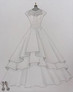 a drawing of a dress on a mannequin with shoes next to the skirt