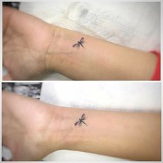 two pictures of the same tattoo on someone's left arm, one with a dragonfly