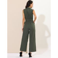 Looking cool is an easy job when you're wearing this sleeveless jumpsuit. Check off the summer trend with this khaki jumpsuit, which is cut from comfy woven cotton and fitted with slant pocket. This button up jumpsuit brings modern charm with its defining waist tie. Working nine to five just got a little more fun with this elastic back jumpsuit. Chic Khaki Jumpsuits And Rompers For Work, Spring Khaki Jumpsuits And Rompers For Work, Spring Workwear Khaki Jumpsuits And Rompers, Casual Green Jumpsuits And Rompers For Work, Sleeveless Khaki Jumpsuits And Rompers For Summer, Khaki Jumpsuits And Rompers For Work, Summer Khaki Jumpsuits And Rompers For Workwear, Casual Green Jumpsuits For Workwear, Casual Sleeveless Jumpsuits And Rompers For Work