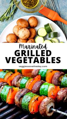 grilled vegetables on skewers with text overlay that reads, mammated grilled vegetables