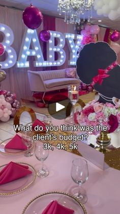 a baby shower party with pink and gold decorations