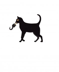 a black cat with an umbrella in its mouth on a white background is the image