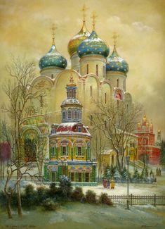 an oil painting of a church in the snow