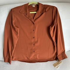 Notations Womens Size M Burnt Orange Blouse Shirt Long Sleeve New With Tags Solid Retro Tops For Fall, Retro Solid Tops For Fall, Formal Collared Tops For Fall, Formal Collar Tops For Fall, Retro Collared Top For Work, Vintage Solid Blouse For Fall, Vintage Blouse For Fall, Retro Collar Top For Fall, Retro Fall Workwear Tops