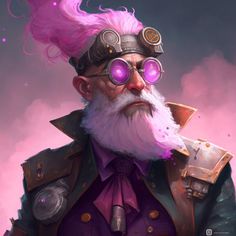 an old man with pink hair and goggles on his head, in front of a purple background