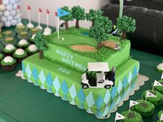 a golf themed birthday cake with cupcakes