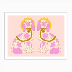 two poodles with crowns on their heads, one pink and the other yellow