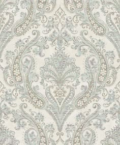 a white and blue wallpaper with an ornate design on it's side,