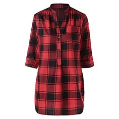 Front Pocket Half Button Tartan Blouse - Multi - 3Y89948012 - Women's Clothing  #WomensClothing #Women's #Clothing Tartan Blouse, Blouse Size Chart, Plaid Sleeve, Cheap Blouses, Blouse Price, Fall Collection, Long Blouse, Fashion Tees, Plaid Shirt