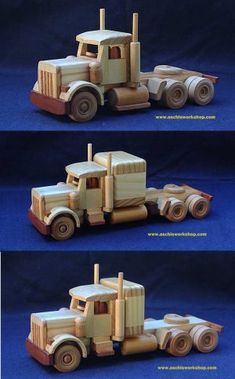 three different views of a wooden toy truck