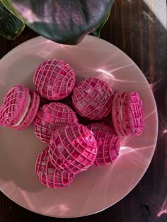 some pink waffles on a white plate next to a potted green plant