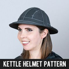 a woman wearing a hat with the words kettlel helmet pattern on it