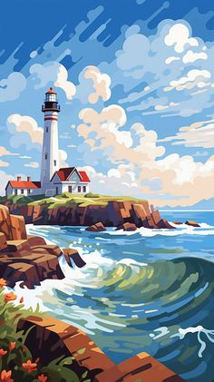 a painting of a lighthouse near the ocean