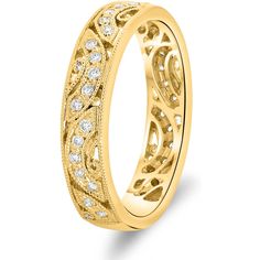 Step into a world of timeless elegance with the Ladies Pave Set Filigree Wedding Band from Roman & Jules. This exquisite ring transports you to an era of sophistication and grace, with its wide band and meticulously crafted filigree design. The milgrain finished edges add a touch of antique charm, making it a true work of art.What sets this ring apart are the .22 CTW round diamonds that adorn the band, adding a subtle yet undeniable touch of luxury. These white diamonds glisten like stars in the Yellow Gold Wedding Ring With Elegant Design, Yellow Gold Diamond Wedding Ring With Decorative Band, Yellow Gold Wedding Diamond Ring With Decorative Band, Yellow Gold Diamond Wedding Band With Decorative Detail, Wedding Yellow Gold Diamond Ring With Decorative Band, Yellow Gold Bridal Sets For Wedding With Elegant Design, Elegant Yellow Gold Bridal Sets For Wedding, Classic Wedding Diamond Ring With Elegant Design, Elegant Yellow Gold Filigree Wedding Ring