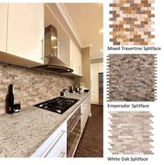 a kitchen with white cabinets and brown tile backsplashes on the counter tops