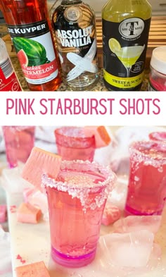 the pink starburst shots are ready to be served with vodka and lemonade