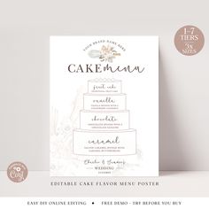 the cake menu is displayed on a table