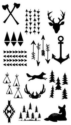 the silhouettes of different types of animals and trees