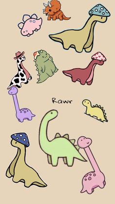 a group of different types of dinosaurs on a beige background with the words raw written below them