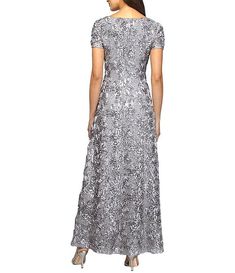 Alex Evenings Sequin Floral Lace Ribbon Rosette Round Neck Short Sleeve Gown | Dillard's Full Length Lace Gowns For Galas, Lace Full-length Gown For Gala, Formal Fitted Gown With Scalloped Lace, Full-length Lace Gowns For Gala, Lace Full-length Gala Gown, Fitted Full-length Gown For Mother Of The Bride, Short Sleeve Lace Gala Gown, Formal Short Sleeve Lace Gown, Formal Lace Gown With Short Sleeves