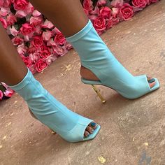 Liliana Peep-Toe Booties Open Heel Shoes, Women Heel Boots, Pleaser Heels, Sequin Heels, Thigh High Heels, Studded Ankle Boots, Thigh High Boots Heels, Denim Boots, Blue Boots