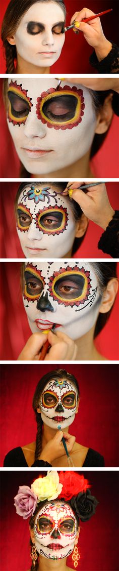 How do we celebrate the Day of the Dead? With a lot of spirit and a lot of style! Click to view the full video tutorial :) Bodysuit Tattoos, Make Up Tutorials, Halloween Fest, Halloween Makeup Tutorial