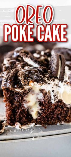 an oreo poke cake on a plate with the title overlay