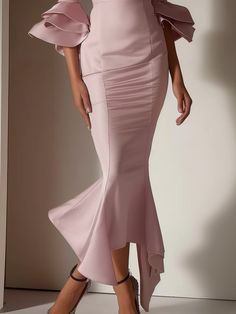 Pink Ruffled Short Sleeves V Neck Maxi Elegant Flounce Dress | fehaute Elegant Ruffled Mermaid Evening Dress, Elegant Ruched Skirt For Formal Occasions, Elegant Evening Dress With Ruffles And Mermaid Hem, Elegant Fishtail Evening Dress With Ruffles, Fishtail Evening Dress With Ruffles, Elegant Bodycon Mermaid Dress, Elegant Spring Mermaid Dress, Elegant Pink Mermaid Hem Dress, Elegant Pink Dress With Mermaid Hem