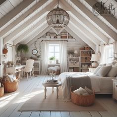 an attic bedroom with white walls and wood flooring is furnished with wicker furniture