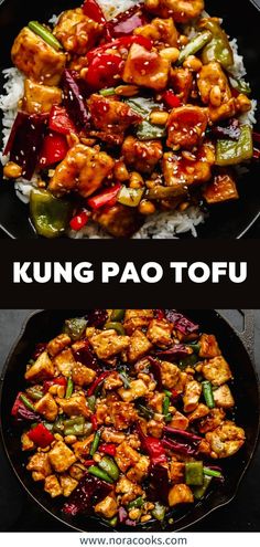 two pictures with different types of food in them and the words kong pao tofu