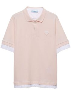 light pink/white silk layered design logo patch at the chest polo collar short sleeves straight hem Prada Shirt, Prada Logo, Versace Outfit, City Dress, Twill Shirt, Layered Design, Summer Beach Wear, White Silk, Polo Collar