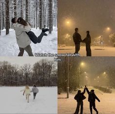 two people are walking in the snow at night and one is holding hands with another person