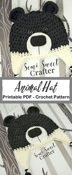 the crocheted animal hat is black and white with a brown bear on it