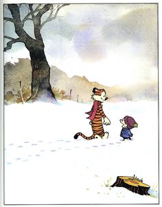 an image of a cartoon scene with a cat and a boy walking in the snow